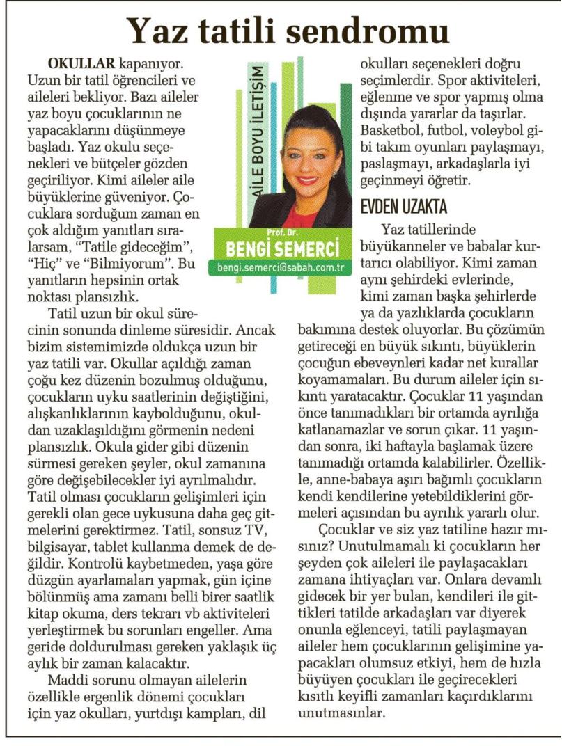Yaz tatili sendromu - SABAH CUMARTESİ 07.06.2014